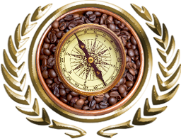 A compass set atop a bowl of roasted coffee beans.